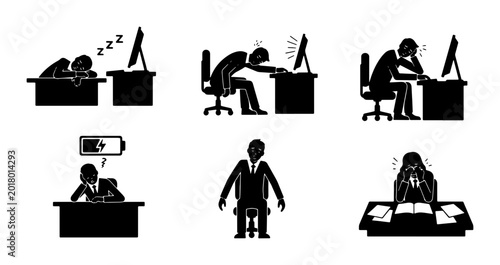Schilderij op canvas Exhausted Office Worker Icons, Burnout Set, Stressful Workday Graphics, Tired Em