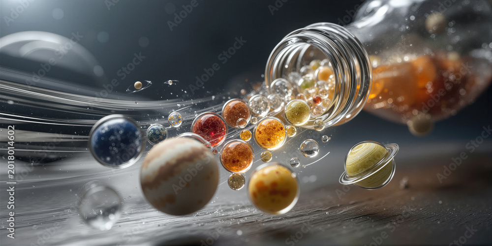Fototapeta premium Showcase of lively astrophysical models featuring colorful fluids and detailed surface textures