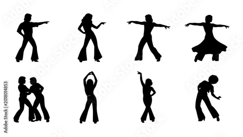 Bild auf Leinwand Retro Disco Dance Silhouettes, 70s Style Figures, Vintage Party People, Groovy D