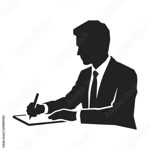 Silhouette of a Professional Man in Formal Attire Writing at a Desk with a Pen and Paper in a Minimalist Black and White Style
