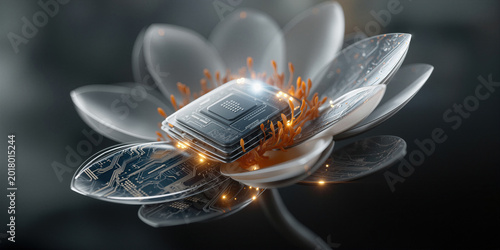 Detailed macro scene blending electronic components with natural floral forms illuminated gently