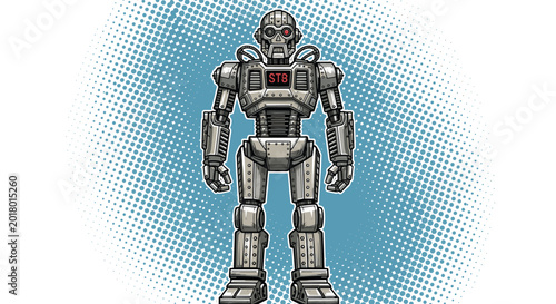 Powerful metallic robot stands firmly in a pixelated art style featuring a chest plate labeled with letters against a blue halftone pattern.