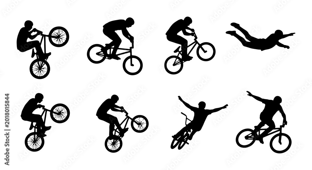 Fototapeta premium BMX Bike Rider Silhouettes, Extreme Sports Action, Bicycle Trick Set, Dynamic Freestyle Cycling Poses, Vector Graphics Collection