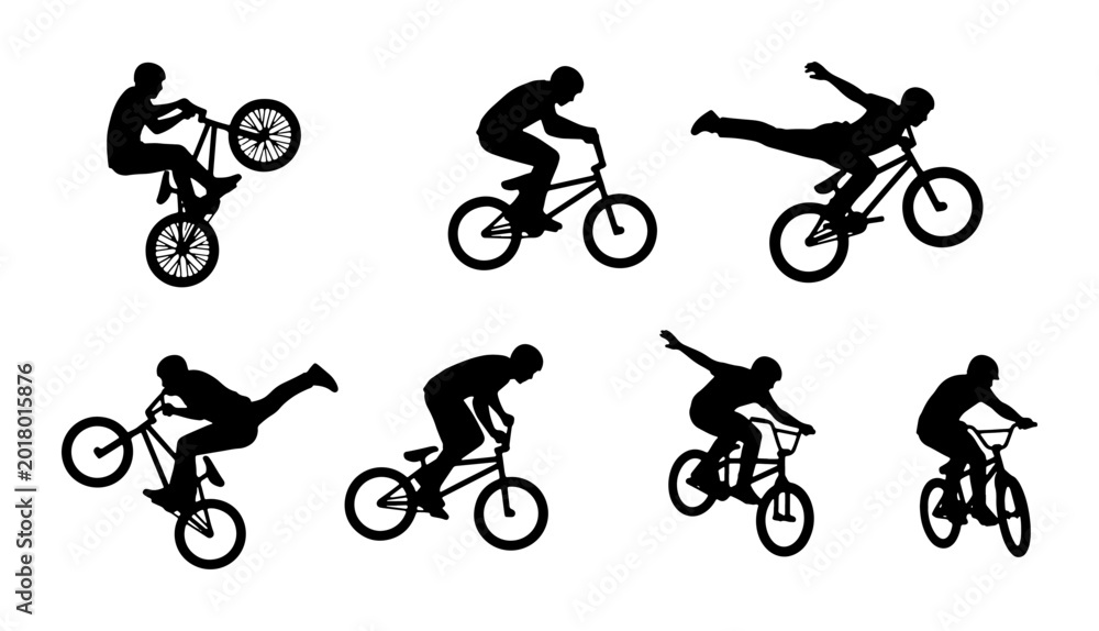 Fototapeta premium BMX Bike Rider Silhouettes, Extreme Sports Action Poses, Dynamic Cycling Stunts Vector Set, Freestyle Bicycle Acrobatics
