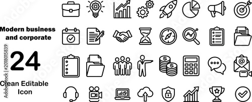 Modern business and corporate  icons set. Thin line editable stroke vector symbols for business, growth, earning and innovation.