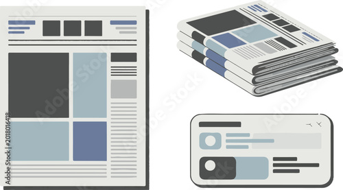 Modern digital news application interface and folded newspaper stack.