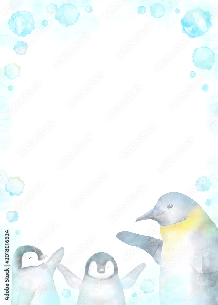 Obraz premium ペンギンの親子がニコニコで手を振っている水彩風イラスト。爽やかな青いフレームテンプレート。