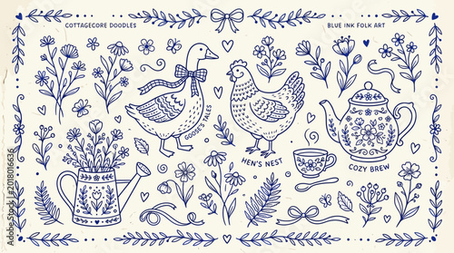Photos Vintage Blue Ink Folk Art Doodle Collection Featuring Cottagecore Elements Like Goose, Hen, Teapot, and Floral Watering Can on an Off-White Rustic Background for Decorative Stationery Design