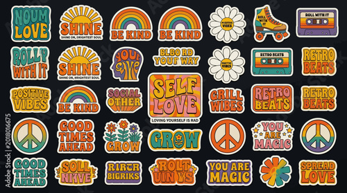 Photos Retro 70s Sticker Collection Featuring Groovy Typography, Positive Quotes, Sunbursts, Rainbows, Peace Signs, Cassette Tapes, and Roller Skates on a Dark Background for Graphic Design Assets