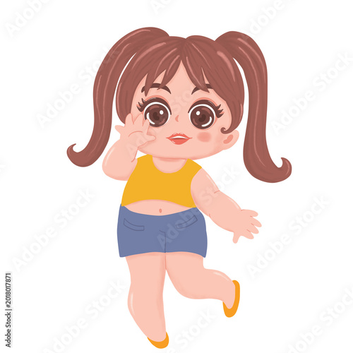 Cute kawaii cartoon girl illustration with ponytails and cheerful waving pose.