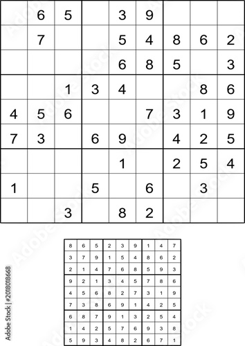 Sudoku puzzle and solution grid appearing on white background for brain training and leisure activity