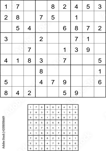 Sudoku puzzle and solution grid showing numbers in a black and white logical game layout