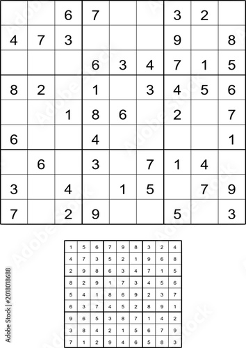 Sudoku puzzle and solution grid appearing on white background for logic game practice