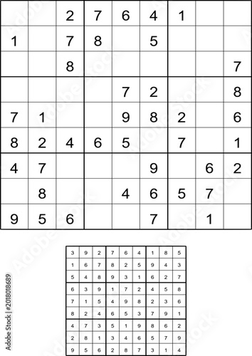 Sudoku puzzle grid with solution key showing numbers in black and white layout
