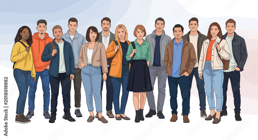 Fototapeta premium Large group of diverse young adults and students standing together in a friendly and inclusive community atmosphere.