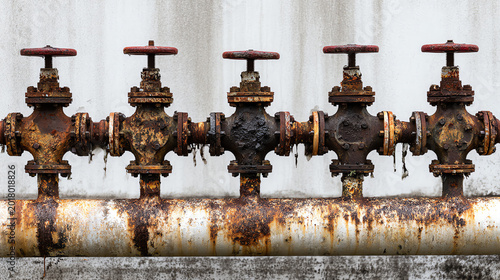 Tableau sur toile Rusty industrial valves arranged in a line, showcasing wear and tear, representing aging infrastructure and industrial decline