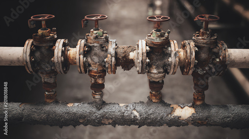 Foto Rusty industrial valves on a weathered pipe highlight the effects of corrosion in mechanical systems