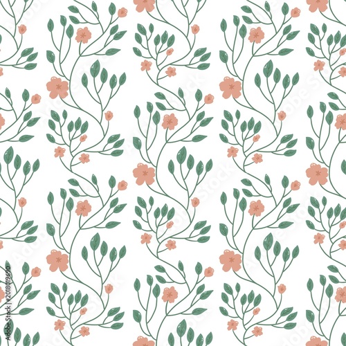 Minimal Seamless Floral Pattern with Leaves and Soft Peach Flowers.
