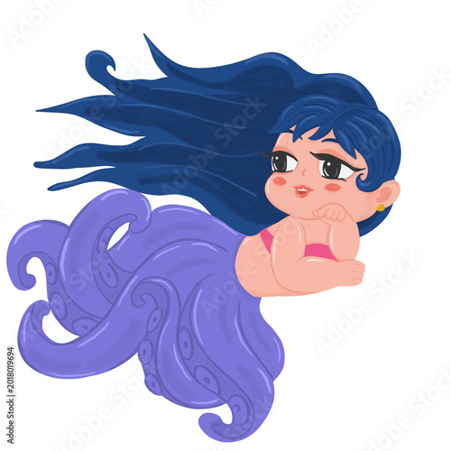 Kawaii Sea Princess with Octopus Tentacles PNG, Cute Cartoon Illustration.