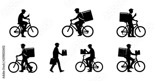 Bild auf Leinwand Delivery Person Silhouettes: Cyclists and Pedestrians with Packages, Vector Icon