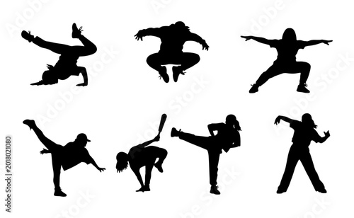Obraz na plátně Dynamic Silhouette Breakdance and Hip Hop Dancers, Urban Street Dance Poses, Act