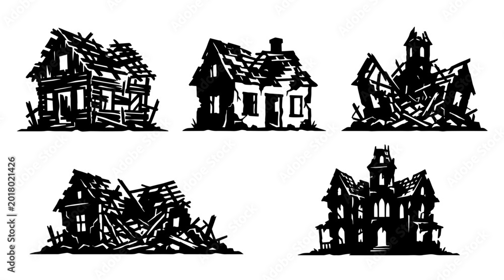 Obraz premium Collection of five distressed, dilapidated, and abandoned houses in silhouette