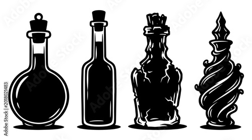 Schilderij op canvas Four silhouette potion bottles with cork stoppers on white background