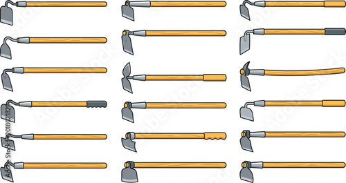 Schilderij op canvas Set of 16 Gardening Hoe Tools with Various Blade and Handle Designs for Agricult