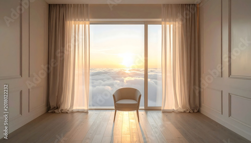 Serene interior scene featuring single chair front of large window overlooking breathtaking sunset above clouds. soft curtains gently frame view