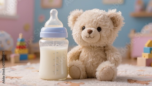 Close-up of a baby feeding bottle with milk and a fluffy teddy bear on a carpet in a nursery. Concept of infant feeding, baby care products, childhood, and newborn nutrition