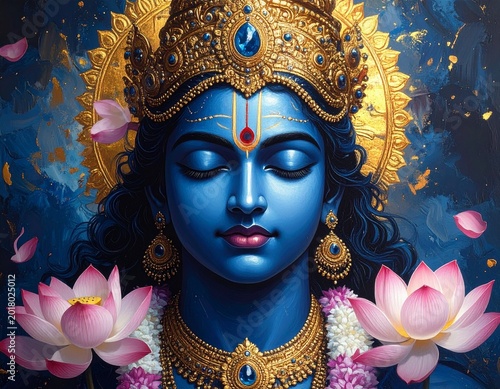 Serene blue-skinned Hindu deity meditating peacefully with closed eyes, adorned with an intricate golden crown and jewelry, surrounded by vibrant pink lotus flowers in a spiritual artistic s