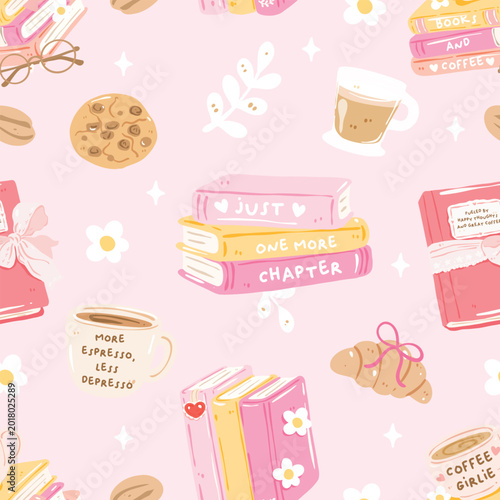 Bookish Coffee Seamless Pattern, Cute Reader Girl Digital Paper, Pink Books and Coffee Repeat Background, Cozy Book Lover Design