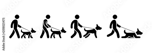 Bild auf Leinwand Stickman icon set with dogs, human and dog silhouettes walking in poses