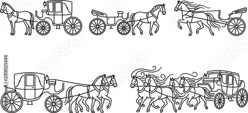 Fotografie Set of 6 Horse-Drawn Carriages and Horses in Various Action Poses for Vintage Tr
