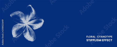 Floral cyanotype stipplism effect, artistic plumeria flower illustration created with dot work technique, white botanical drawing on deep blue background