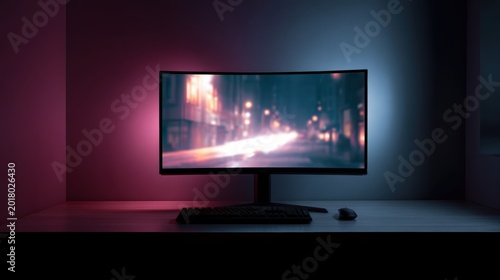 Curved gaming monitor on modern desk setup with neon lighting