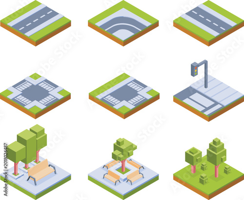 Isometric City Elements Crossroads, Roads, and Park Scenes for Urban Planning and Design