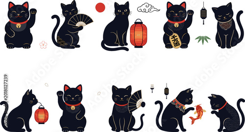 Fotografía Japanese lucky cat collection featuring black maneki neko lantern fans sushi and traditional Asian decorative elements in cute vector illustration style