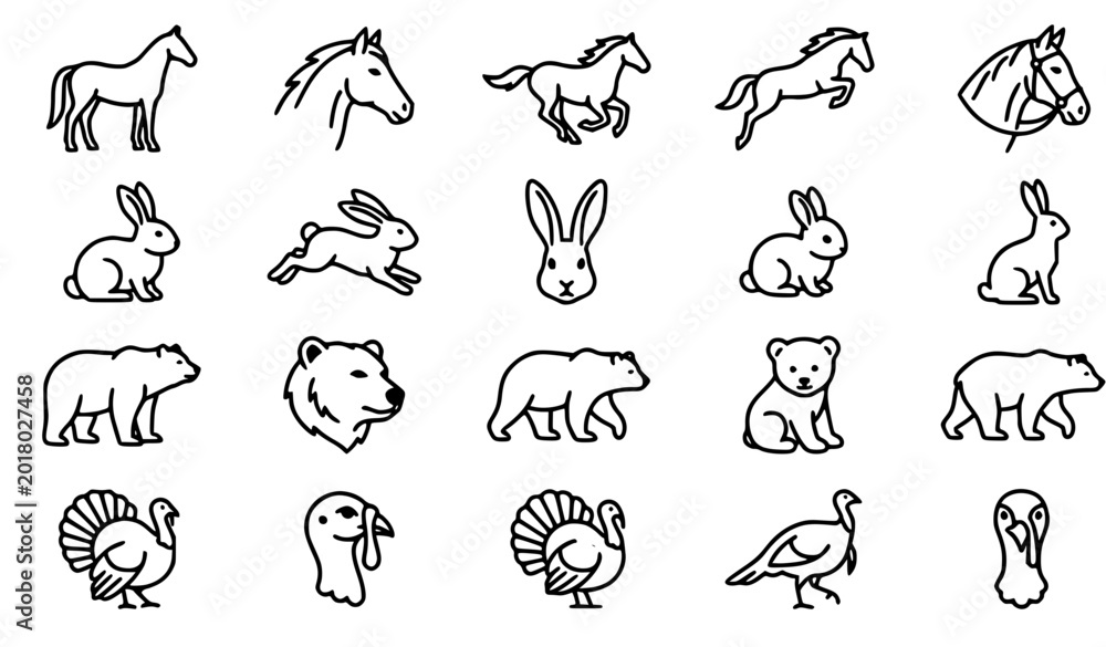 Fototapeta premium A clean minimal vector illustration set featuring four animal icons including a horse, rabbit, bear, and turkey displayed in simple line art style on a solid white background. Each animal is illustrat