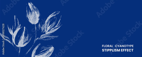 Tableau sur toile Floral cyanotype stipplism effect, white stippled flower illustration on deep bl
