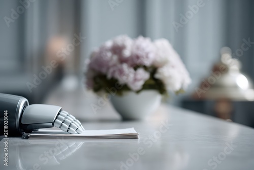 Robot assistant helping hotel concierge assist guests at reception desk