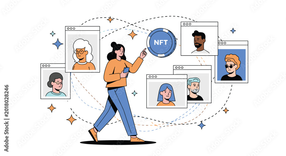 Fototapeta premium Person interacting with a digital interface showcasing various NFT profile pictures and avatars connected by a complex network of stars.