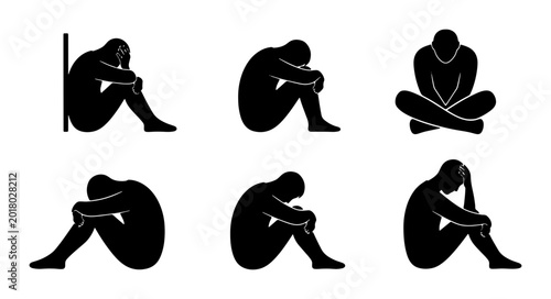 Foto Set of 6 Silhouette Figures in Pensive, Sad, and Depressed Poses, Vector Icons f