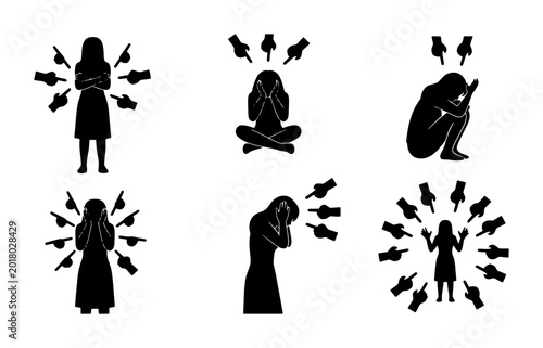 Schilderij op canvas Bullying Icons Set, Social Pressure Silhouettes, Harassment Vector Graphics, Cyb