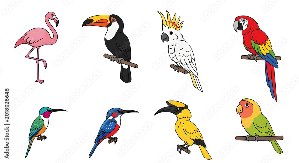 Obraz premium A vibrant collection of exotic and tropical birds, featuring a flamingo, toucan, cockatoo, macaw, kingfisher, and parrot species