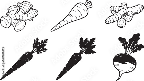 Foto Vegetable icons, root vegetables, black and white illustrations, 6 icons isolate