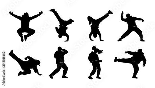 Fotografie Dynamic Breakdance Silhouettes, Hip Hop Dance Poses, Urban Street Style Movement