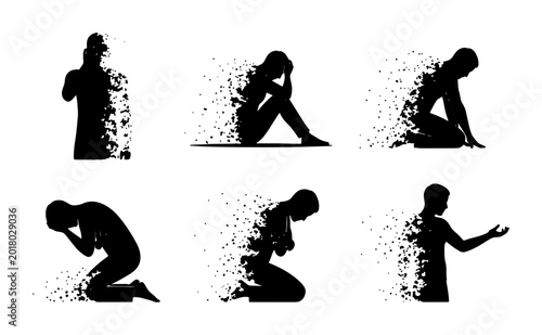 Foto Abstract Silhouette Figures Dissolving into Particles, Depicting Grief, Despair,
