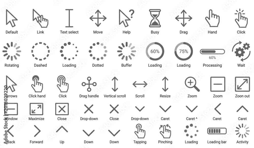 Fototapeta premium Modern mouse pointer and loading outline icons vector collection for UI UX and digital interaction
