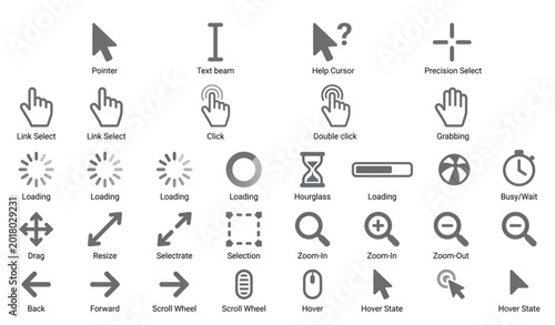 Gray mouse cursor and loading icon vector set with clicking hand pointers for web and app interface design
